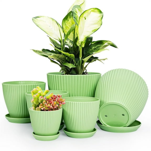 HXRH 6 Pack Indoor Plant Pots,Plastic Planters with Saucers & Drain Holes,Resin Flower Pots,Medium to Small 7.5/6.5/5.5/4.9/4.2/3.5 Inch,for All Different Types of Plants (Green)