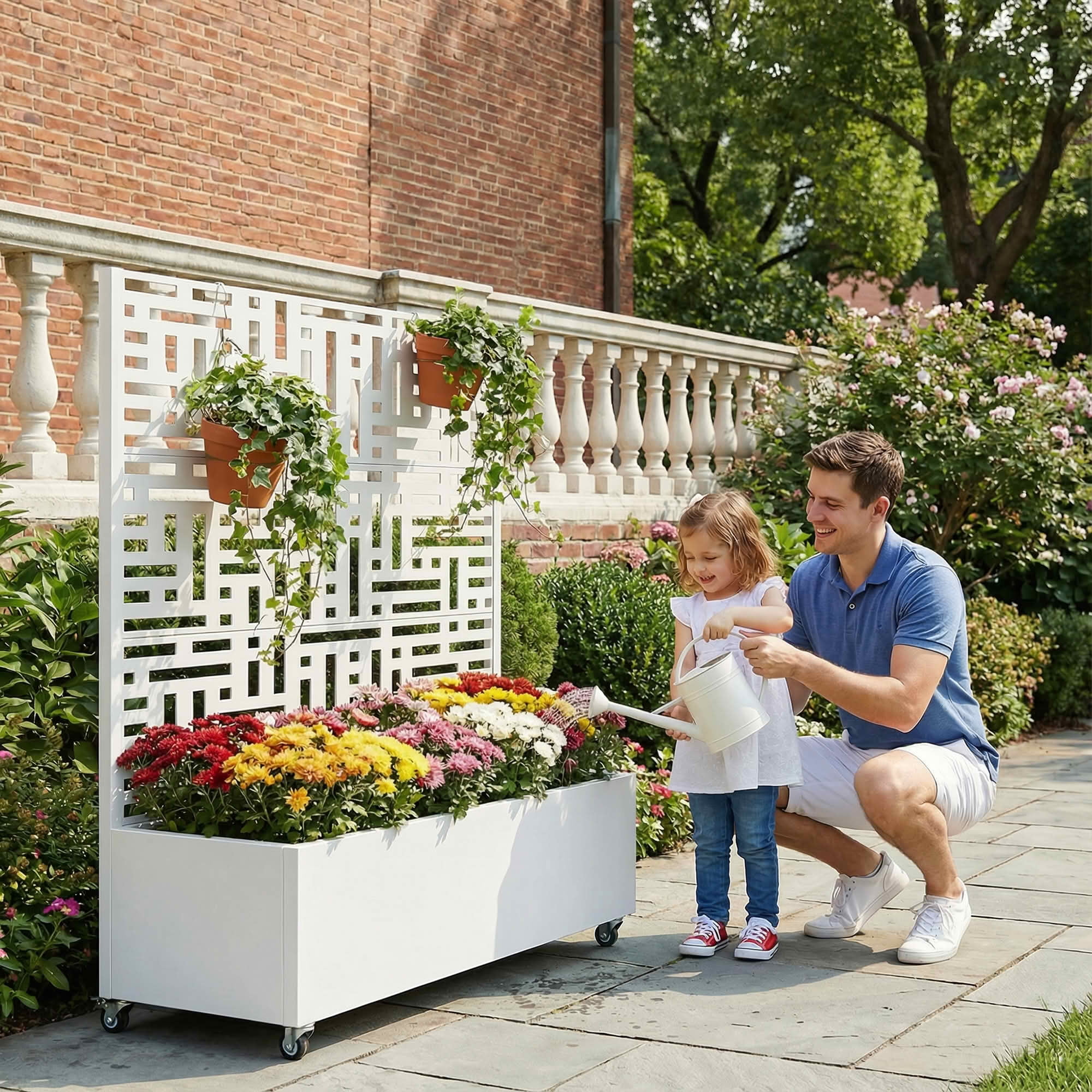 MAYEERTY 47X47" Metal Outdoor White Privacy Screen with Planter Box for Backyard & Garden, 3 Piece Set