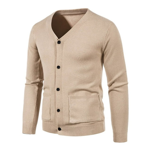 YOPTOP Mens Button Solid V Neck Slim Fit Warm Sweater Cardigan Coat,Beige,XL