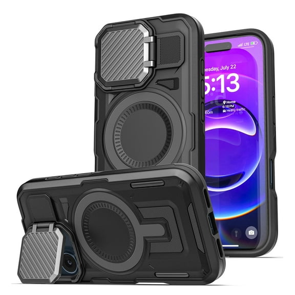 Encased for iPhone 17 Case with Camera Lens Protector (MagSafe Compatible) Heavy-Duty Case with Metal Hinged Stand (Explorer Series)