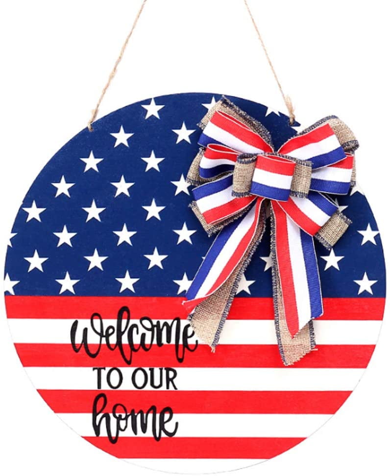 Independence Day Summer 4th of July Door Hanger Round Wood Sign