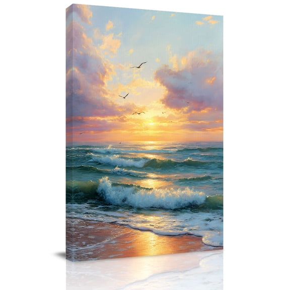 Canvas Wall Art Summer Ocean Canvas Art Print Oil Painting Green Sea Sunset Beach Pictures Wall Decor for Living Room Bedroom Artwork Decorations Stretched Framed Ready to Hang 12"x16"