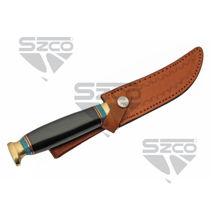 SZCO 10.75" Black Tiger Hunter Utility Knife with Stainless Steel Blade, Resin Handle, Leather Sheath