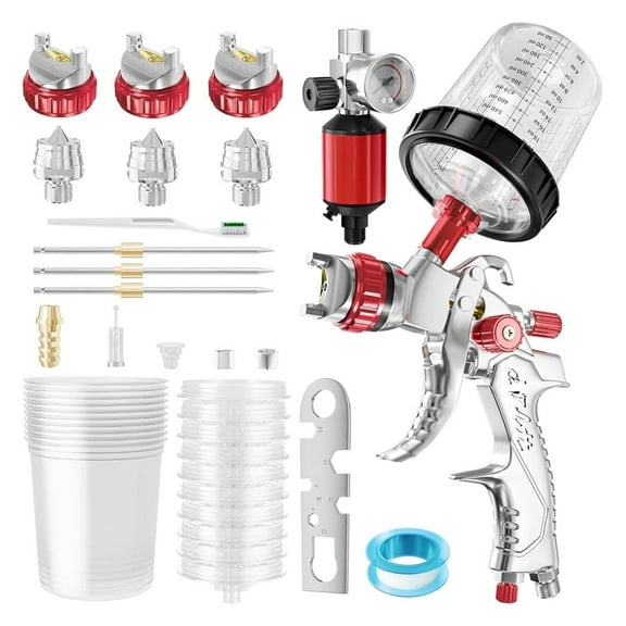 Spray Gun with Air Compressor Regulator 10pcs 600cc Mixing Cup and Lids, Air Spray Paint Gun with 1.4/1.7/2mm Nozzles, Automotive Paint Sprayer for Car, House Painting, Furniture