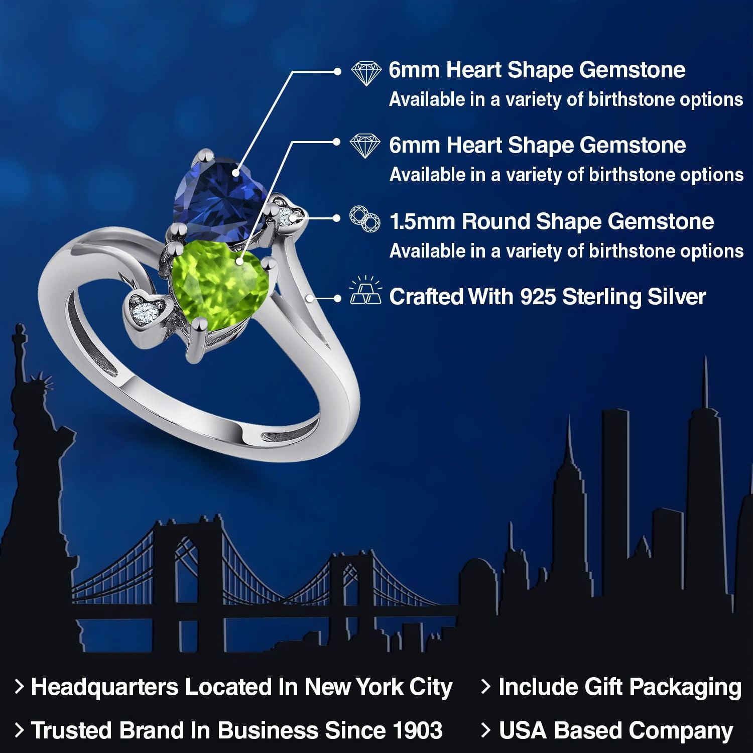 Gem Stone King 1.66 Cttw Blue Created Sapphire and Green Peridot Ring for Women | Heart Shape 6MM | Gemstone Birthstone | Wedding Engagement Anniversary Promise Ring for Women| Size 6