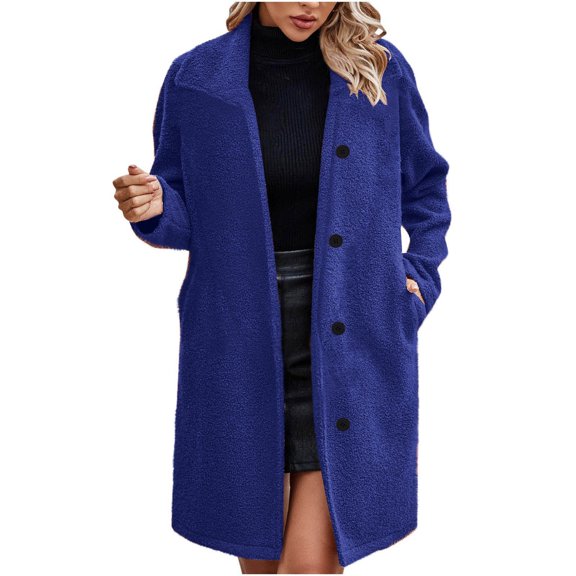 Zpanxa Women's Plush Jacket Winter Stand Collar Long Sleeve Coat with Button Front Pockets Warm Soft Outerwear for Casual Wear Blue XL