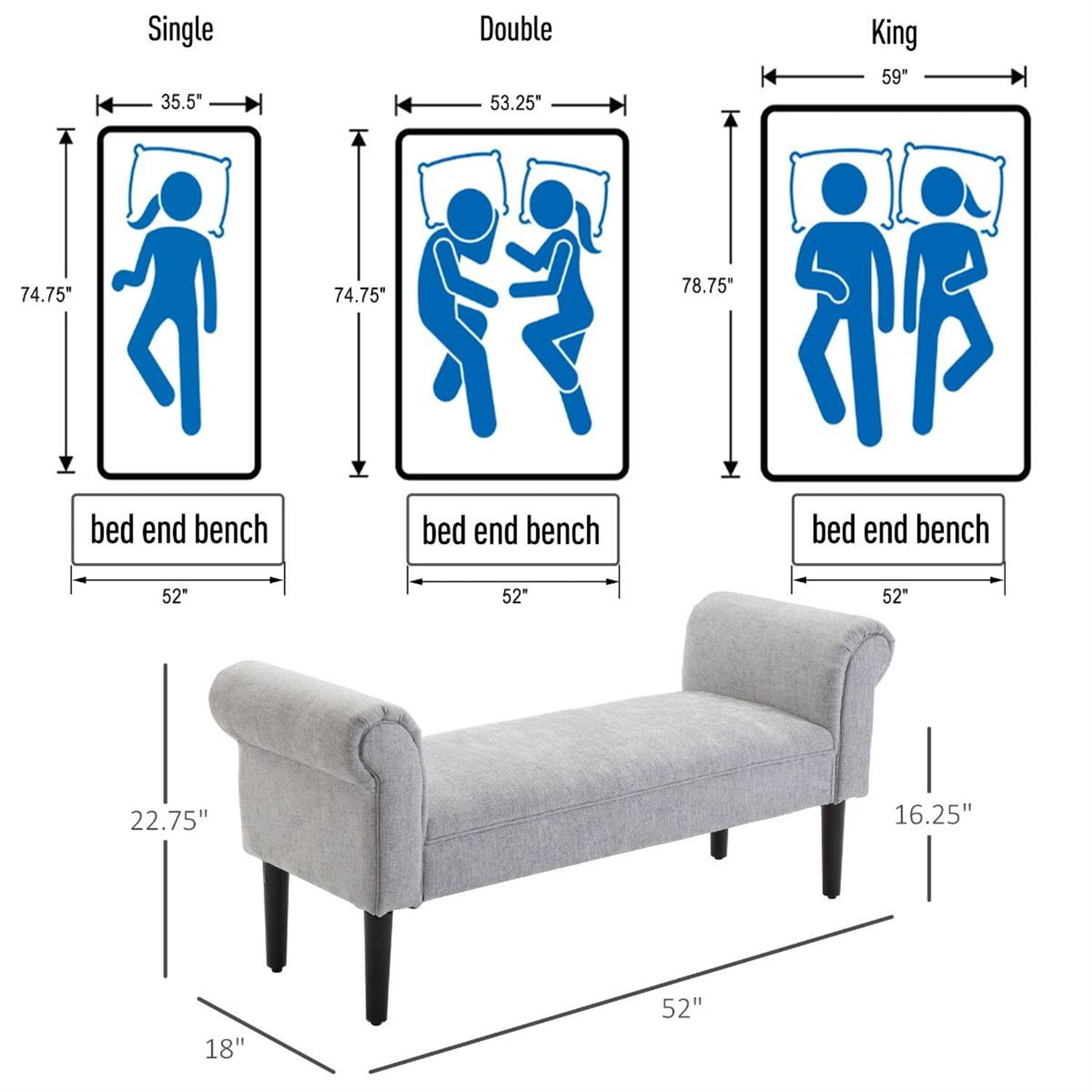 Demi Bonn 52" Upholstered Ottoman Bench with Armrests, Comfy Seating for Living Room Decor, Stylish Storage & Extra Seating Space, Gray