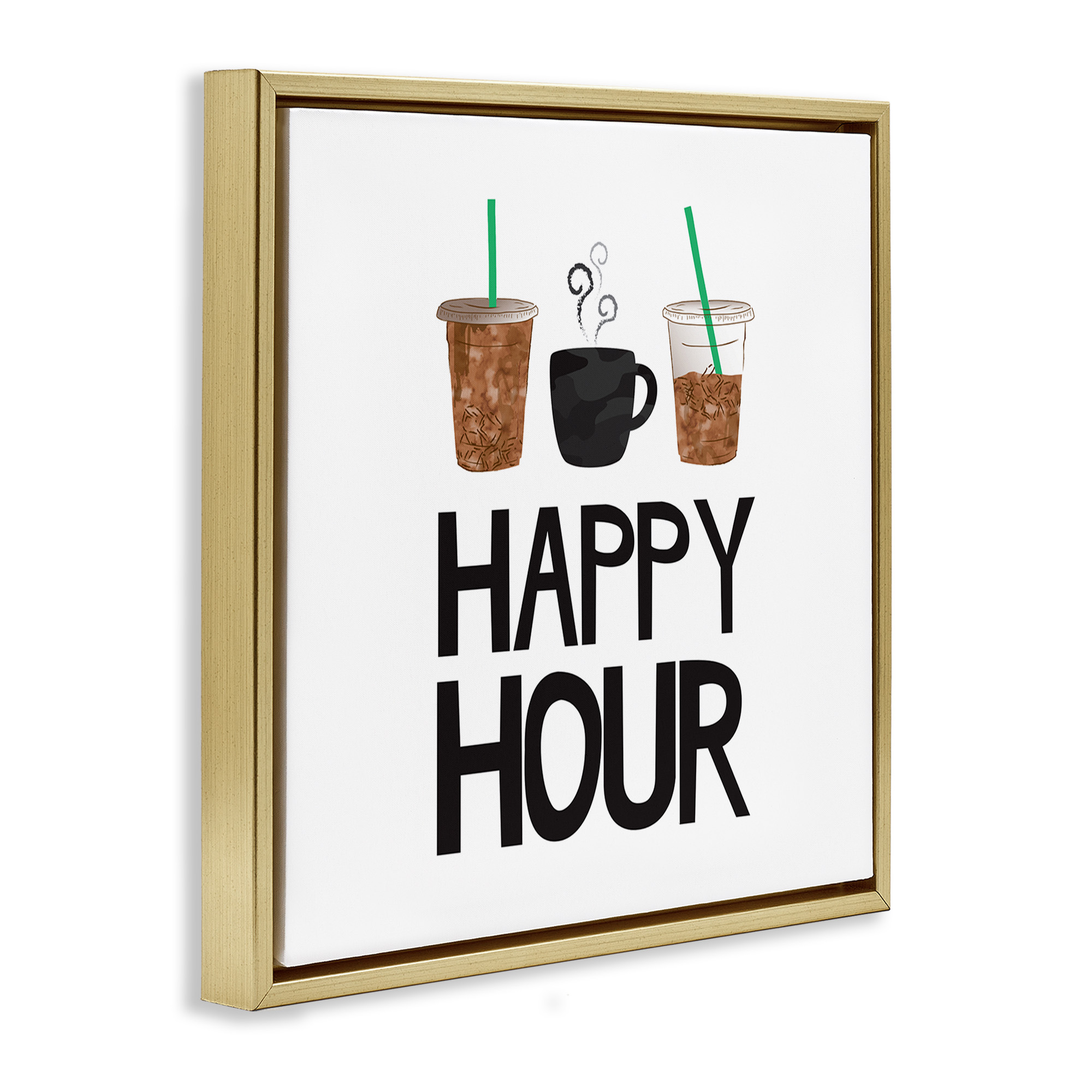Stupell Industries Happy Hour Iced Coffee Drinks Food & Beverage Painting Gold Floater Framed Canvas Art Print Wall Art, 18 x 18