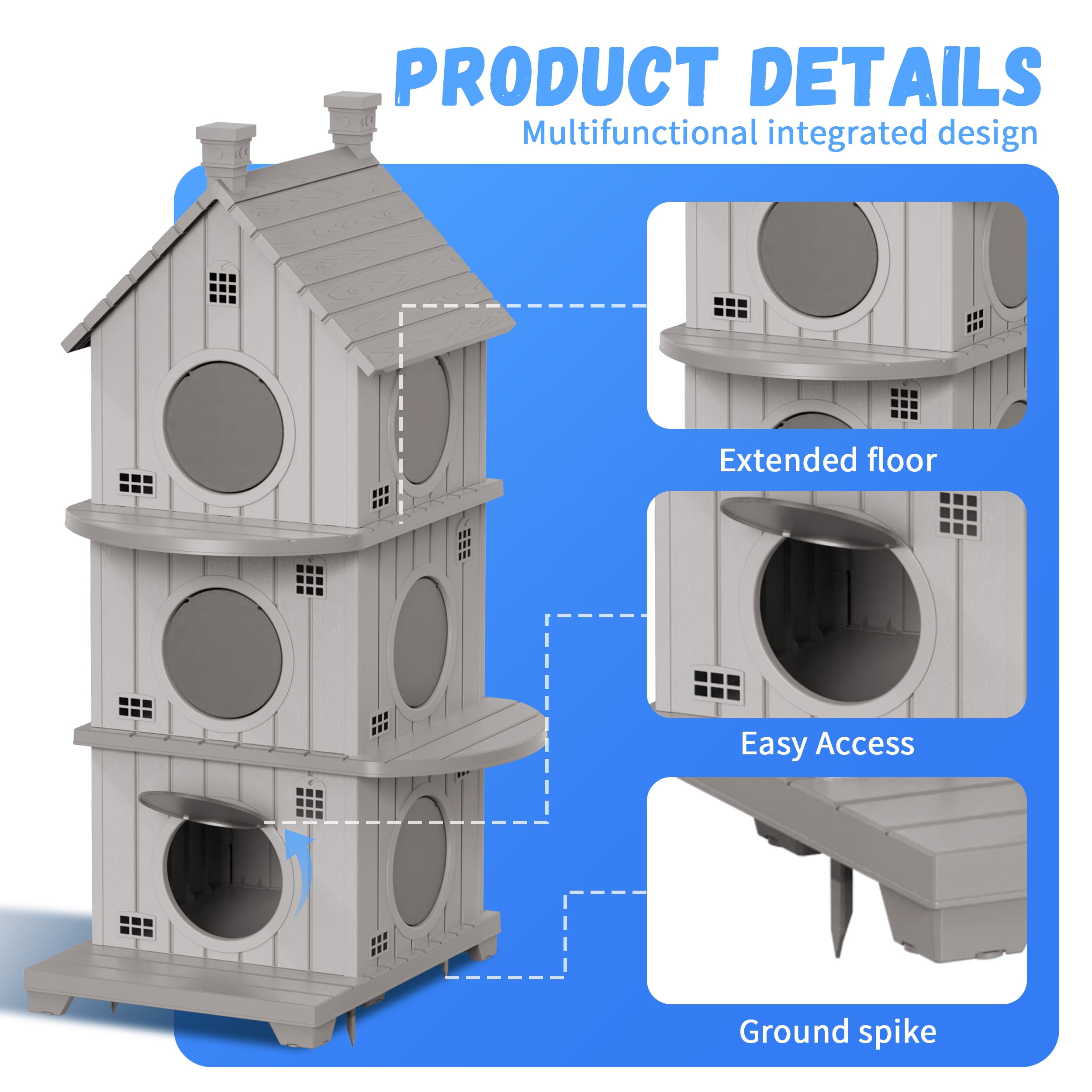 EASY UP Resin Outdoor Cat House,Villa, Multi-layer Design, Weather-resistant and Moisture-proof (Blue)