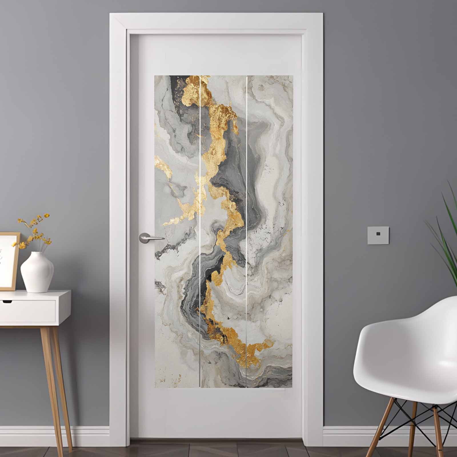 Non-Adhesive Static Cling Window Tint, Grey Ombre Marble Window Privacy Film Frosted, Golden Gray Marble Crack Abstract Art Insulated Windows Frosted Films for Living room, 35.4 x 78.7 Inches