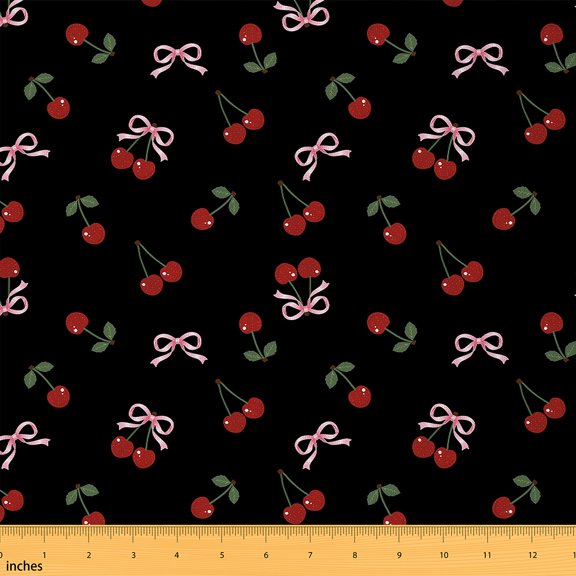 Manfei Kawaii Cherry Sewing & Crafting Fabric (1 Yard), Girls Bowtie Ribbon Home Decor Fabric by the Yard, Black Red Pink DIY Fabric