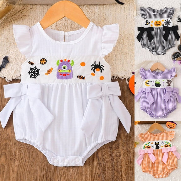 12-18 Months Newborn Baby Girl Halloween Outfit Bubble Romper Short Sleeve Jumpsuit Infant Cute Clothes Purple