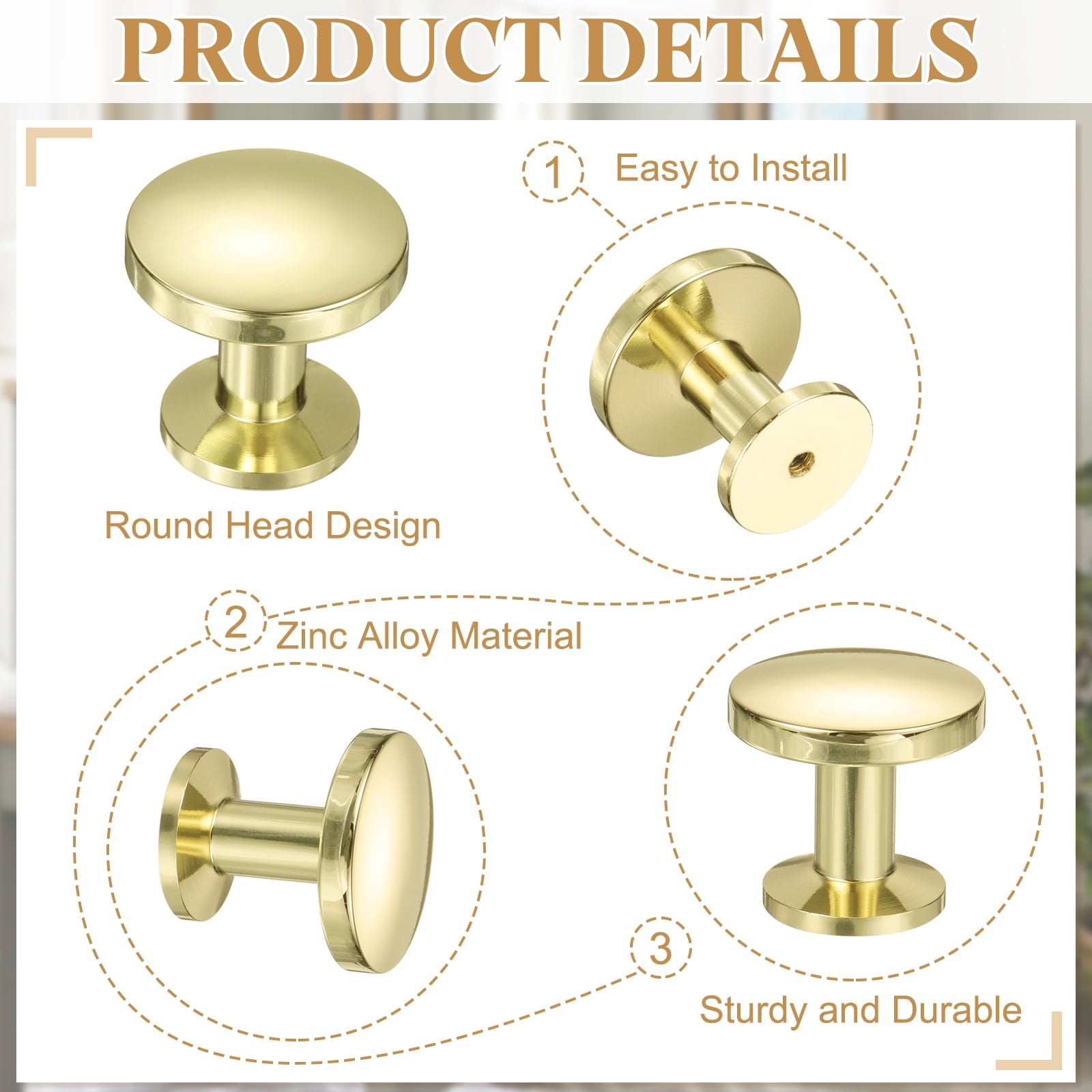 Cabinet Knobs, 10Pcs 1-1/5" (30mm) Zinc Alloy Round Solid Dresser Drawer Knobs for Modern Kitchen Cabinet Pull Handles Metal Hardware, Gold