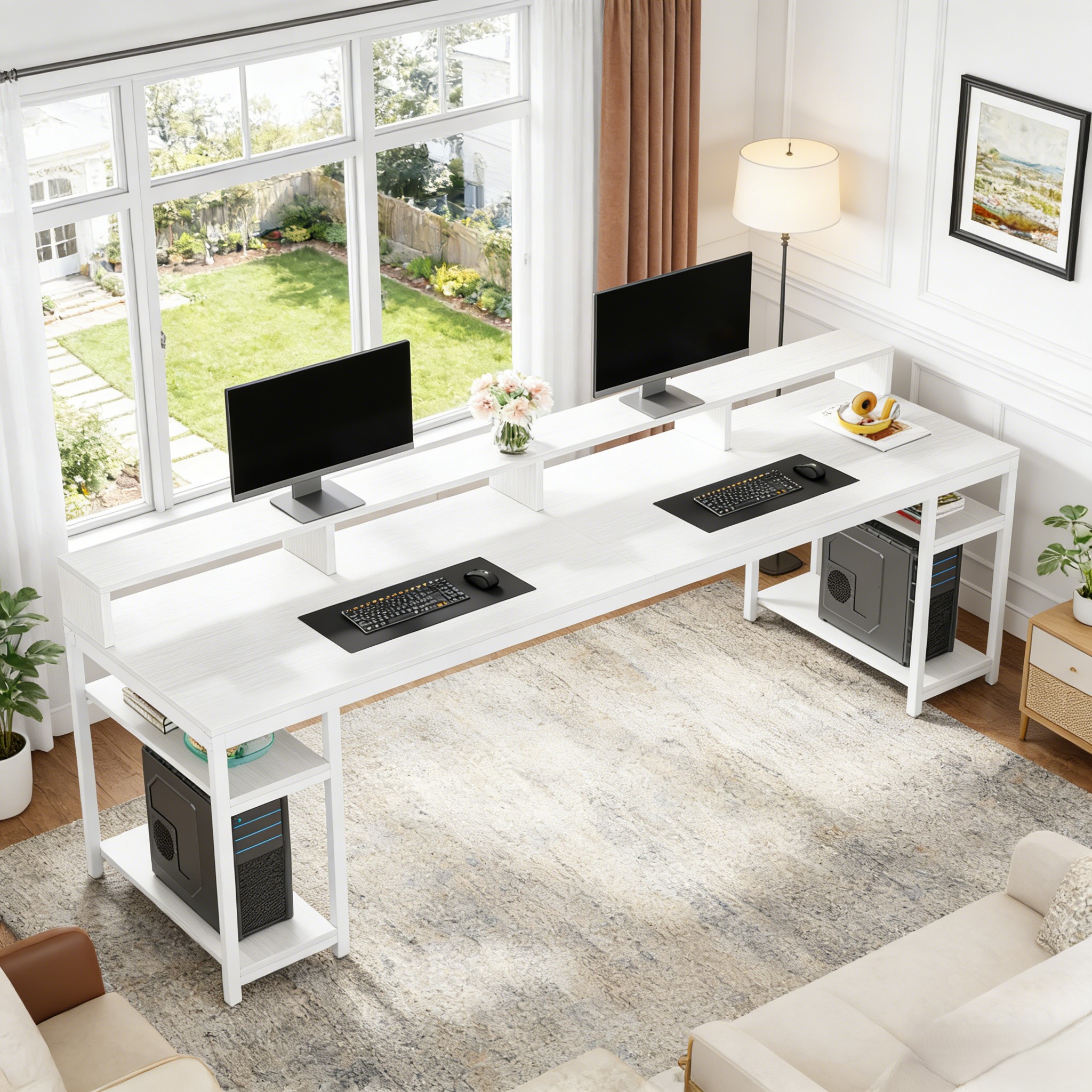 Fnova 78.74" Long Computer Desk with Monitor Stand and Storage Shelves, Industrial Home Office Writing Desk for 2, White