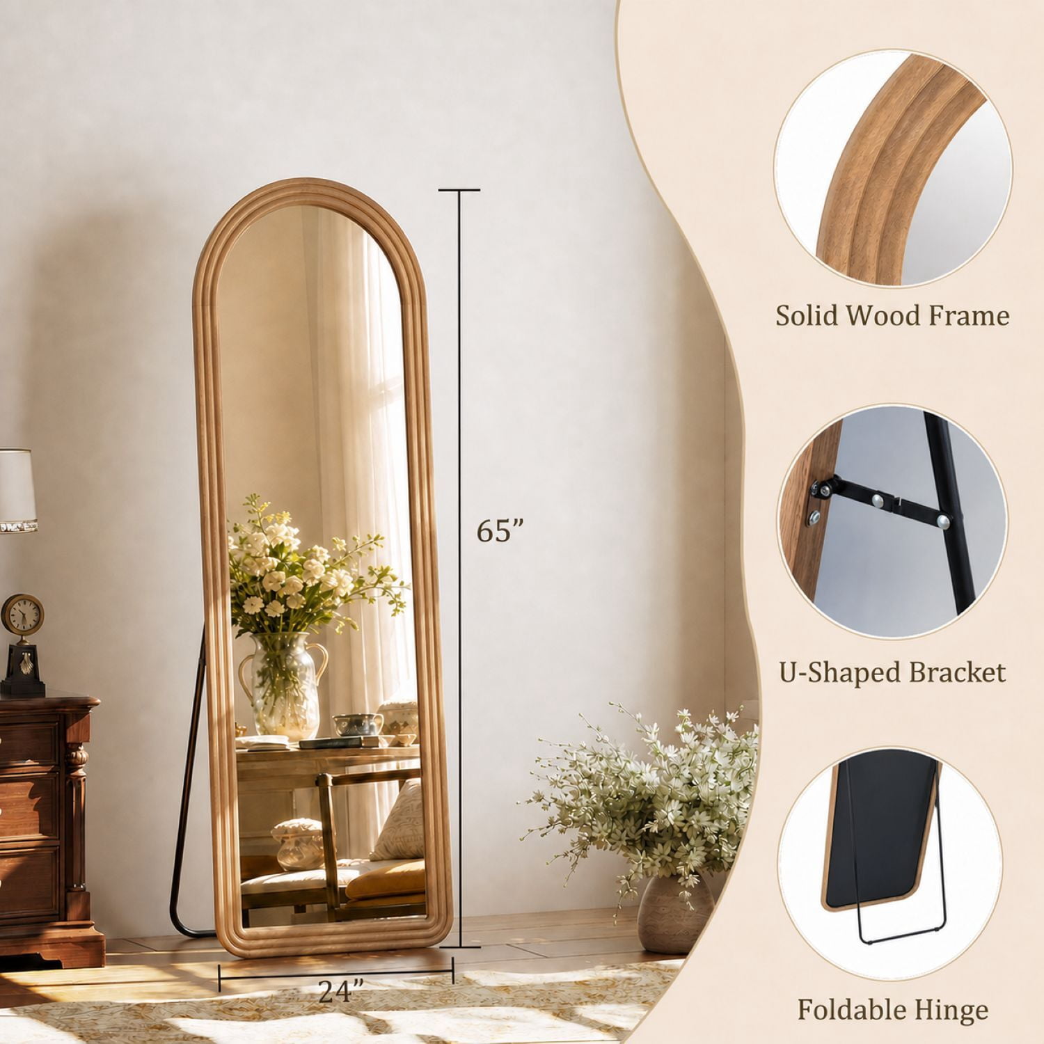 Easy4Home 65" x 24" Wooden Arched Full Length Mirror Vintage Floor Mirror, Natural Wood