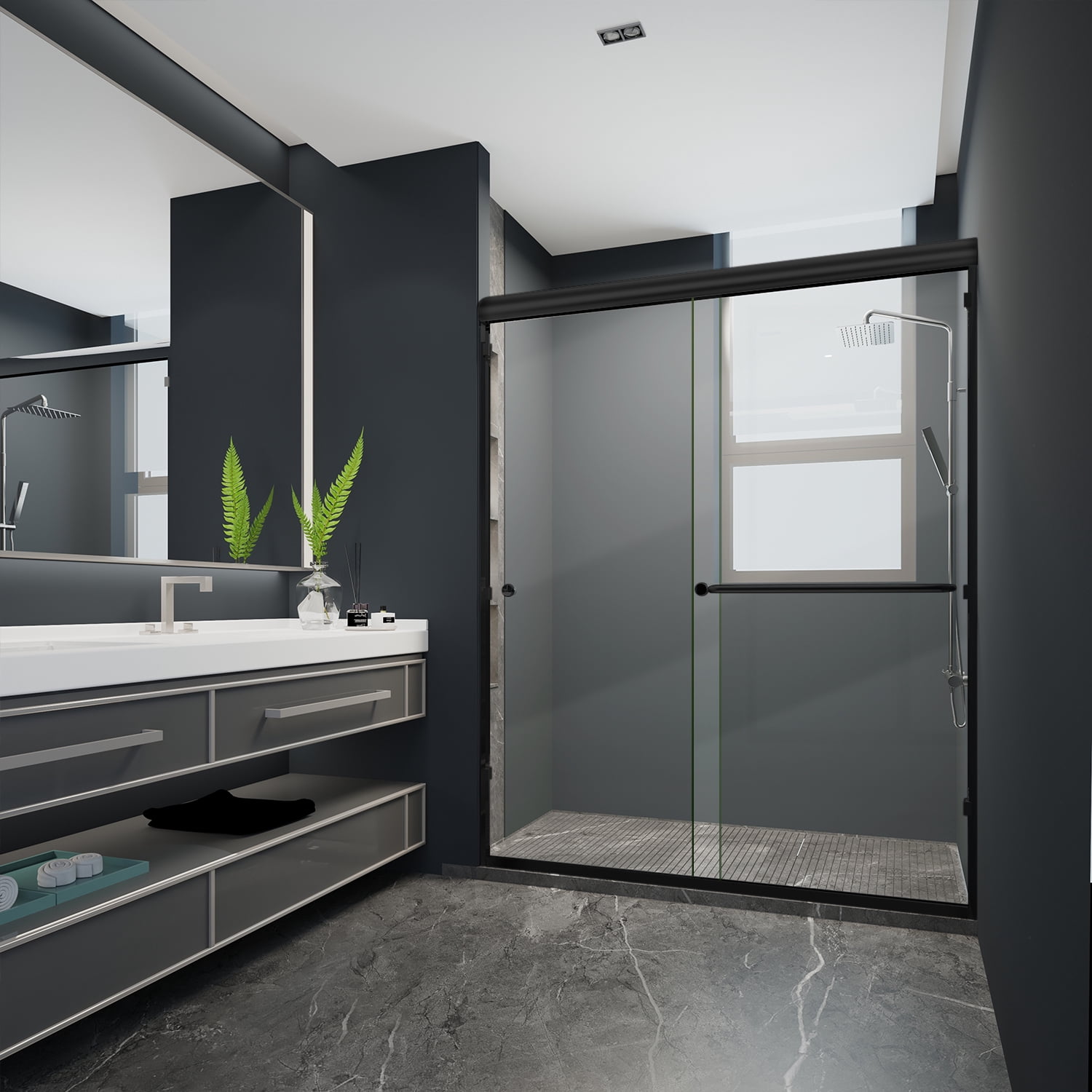 Raffle Pinker Sliding Shower Door Semi-Frameless Bathroom Tub Door 60" W x 72" H with Clear Glass, Black Frame