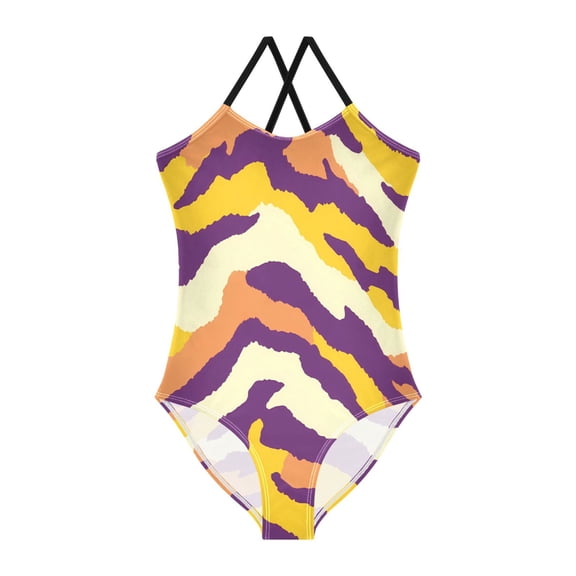 BZSMCE One-Piece Swimsuit with Crisscross StrapsDark Purple Yellow Tiger Stripes Pattern