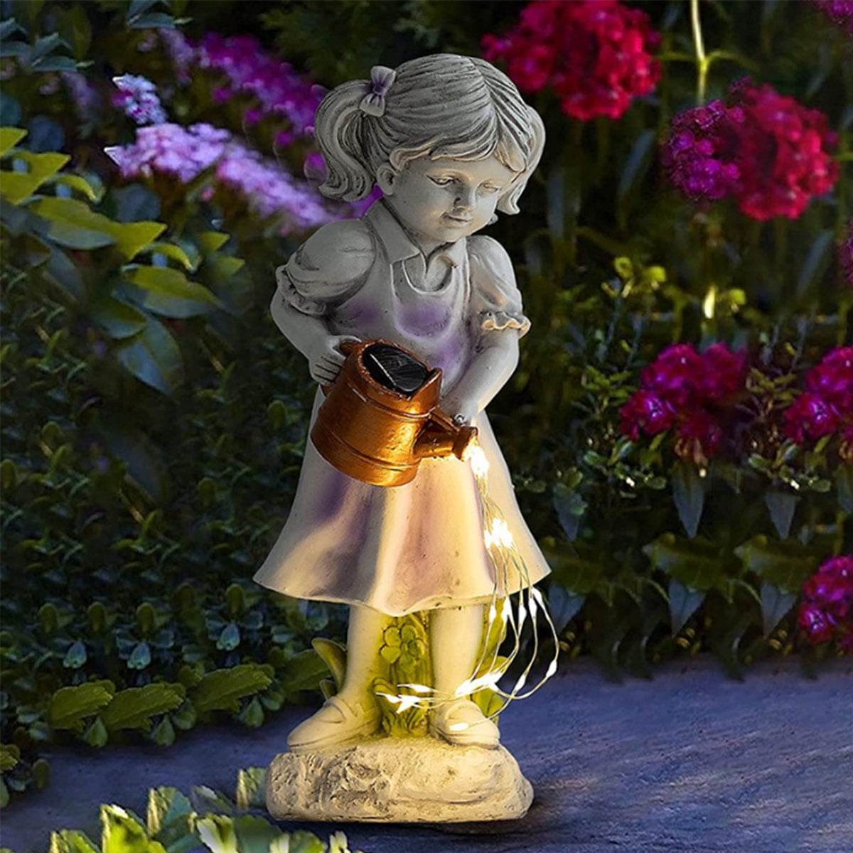 Beautiful Girl Watering the Garden Statue with Solar Fairy Light,Cute Garden and Balcony Statue Decoration for Garden Lovers