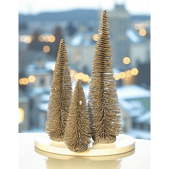 RAZ Imports Set of 3 Bottle Brush Trees – Modern Christmas Holiday Winter Décor – Gold Glittered Tabletop Tree Set for Home Office  Mantel  Fireplace Desk Shelf Display (17”, 14”, 9”)