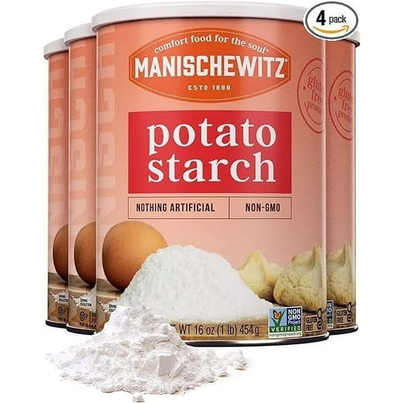 Manischewitz Pure Potato Starch, 16oz (4 Pack = 4 Pounds) | Resealable Container | Gluten Free | Non GMO | Certified Kosher (Including Passover)