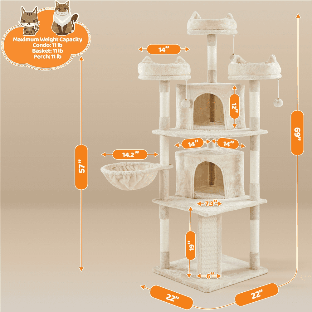 Renwick 68.5in Multi-Level Cat Tree Caves Condos, Beige