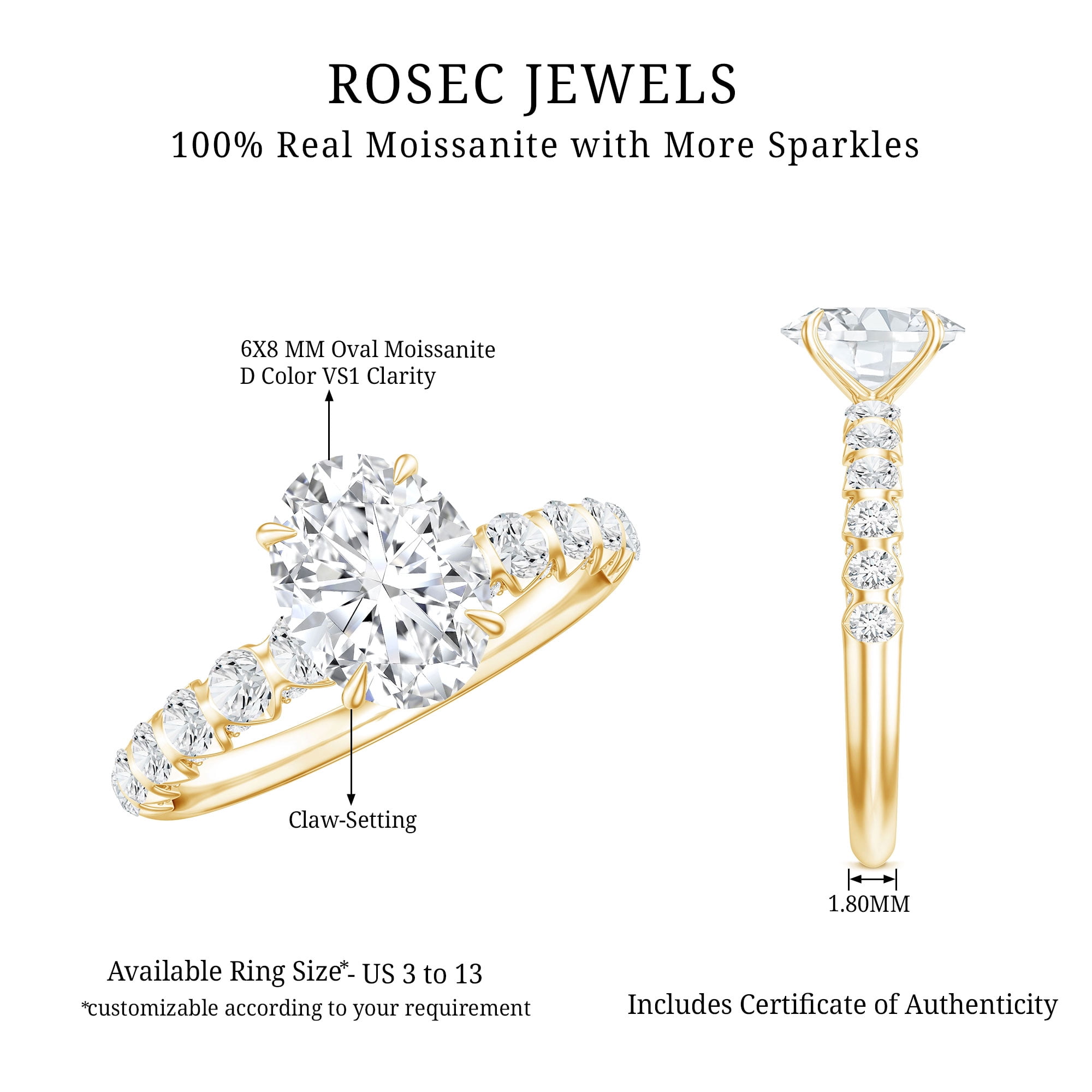 Rosec Jewels Moissanite Oval Solitaire Engagement Ring 1 Carat, 6X8 mm, D-VS1 Quality Certified Moissanite Ring - with Jewelry Box, 14K Yellow Gold, US 7.50