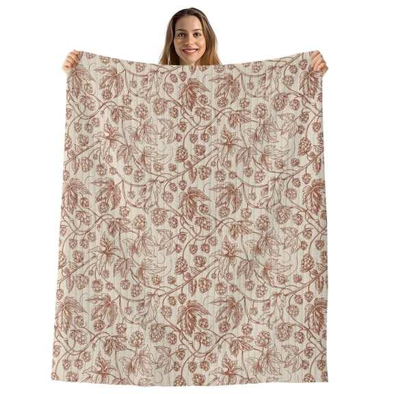 Brown Flowers Throw Blanket, Flannel Fleece Blanket with Striped Design for Couch, Vintage Farmhouse Floral Leaves Vines Soft Breathable All Season Plush Blankets for Sofa Chair Travel 32"x48"