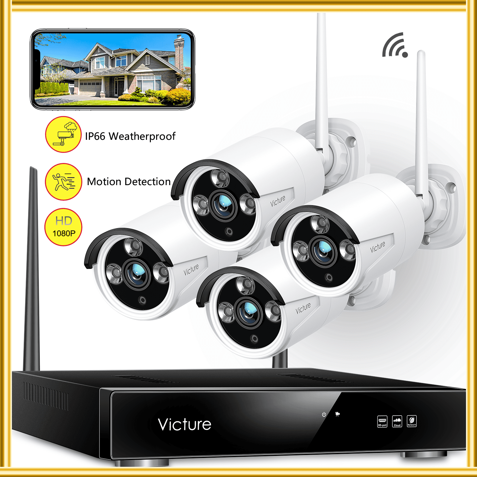 Victure NK200 Security Camera Outdoor System ,8CH Wifi NVR with 4PCS 1080P Surveillance Outdoor Cameras,No HDD
