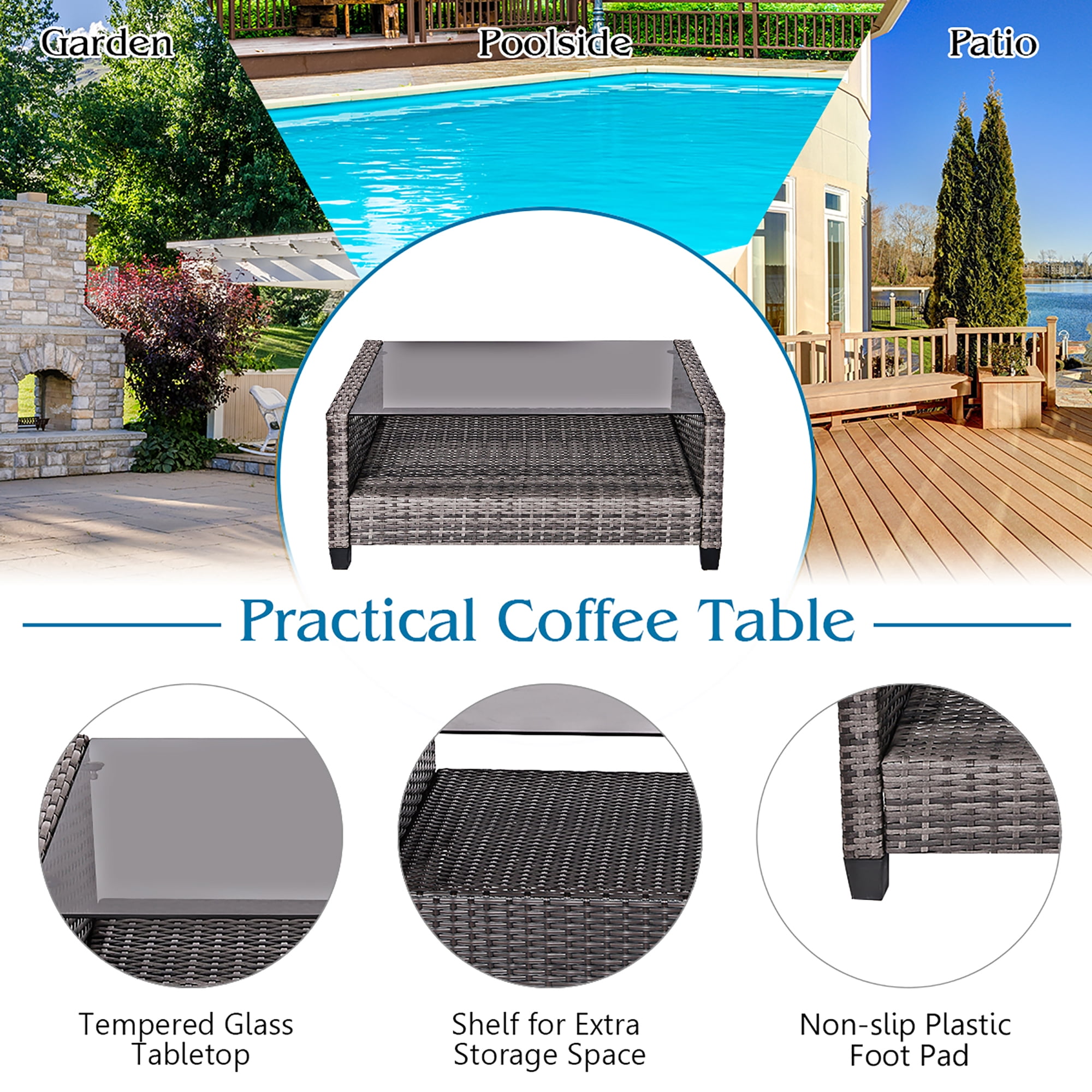 Costway 4PCS Patio Rattan Furniture Set Coffee Table Cushioned Sofa Garden Lawn Gray