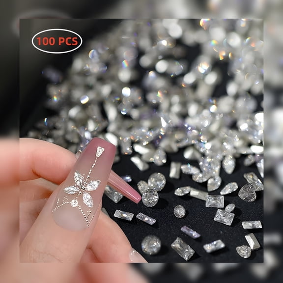 DESIGNICE 100pcs Shiny Zircon Rhinestones, 2-3mm Mini Nail Art Diamonds, 3D Pointed Bottom Rhinestone Multi Shapes Gemstones Crystal Nail Gems