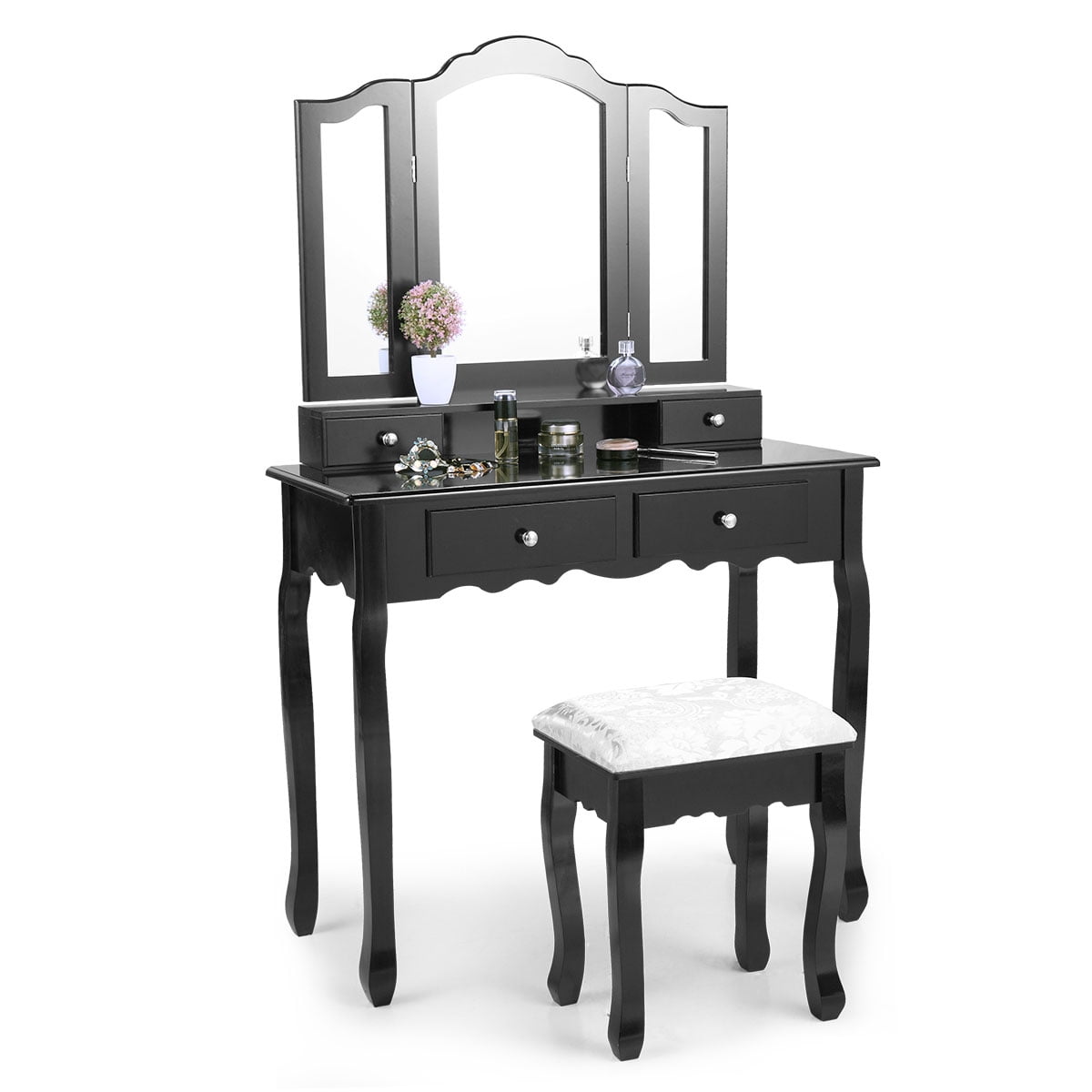 Kepooman Vintage Wooden Vanity Set, Makeup Dressing Desk with Cushioned Stool & Tri Folding Mirror - Black Kepooman Vintage Wooden Vanity Set, Makeup Dressing Desk with Cushioned Stool & Tri Folding Mirror - Black