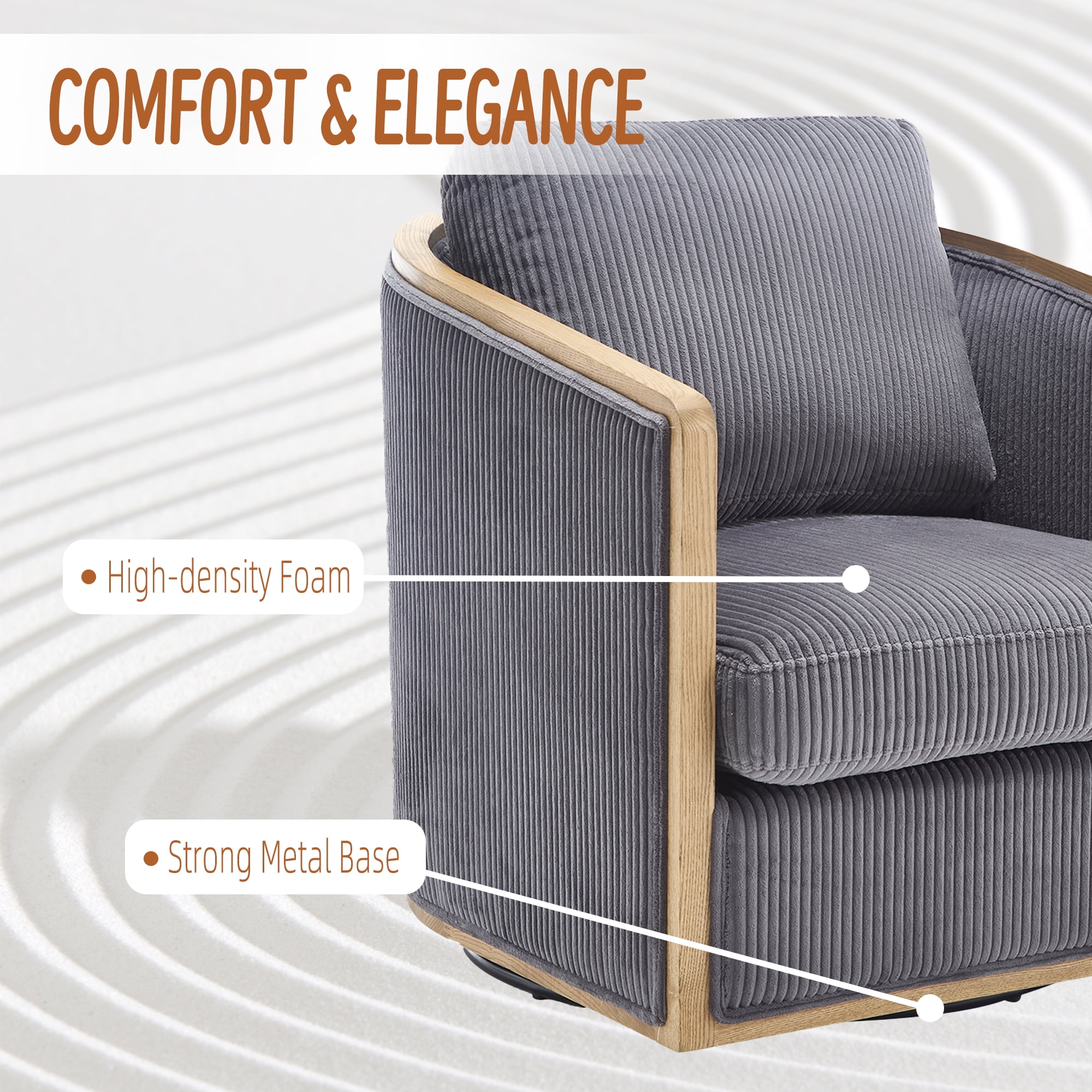 MOONMISS Corduroy Upholstered 360°Swivel Comfortable Round Barrel Chair for Living Room,Bedroom-Dark Gray