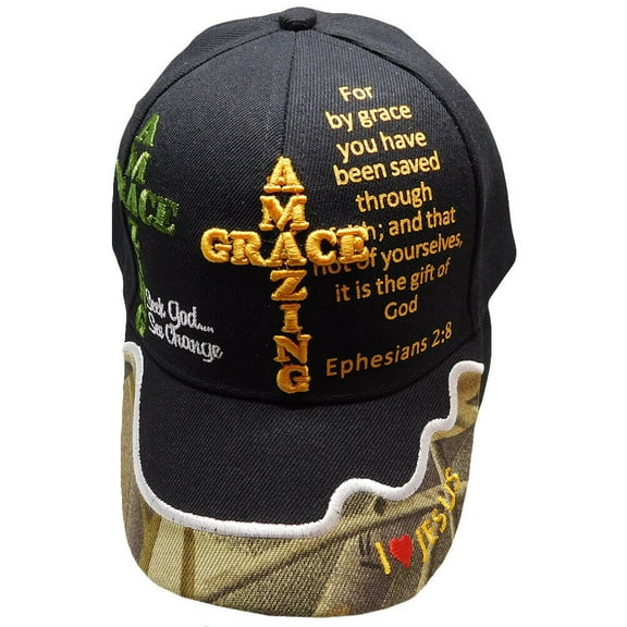 AMAZING GRACE Ephesians 2:8 Christian Black Camouflage Hat Cap Saved By Grace