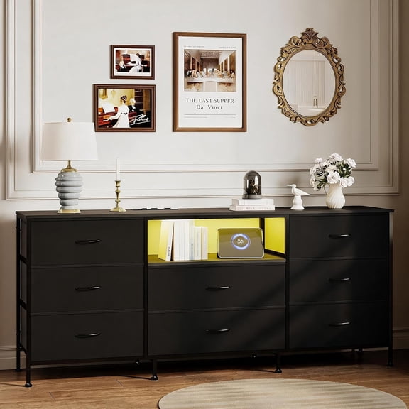 TV Stand for 45-65 Inch TVs with LED Lights, 8 Fabric Drawers, Metal Frame, Wood Top, Entertainment Center for Living Room, Bedroom, Hallway,Black