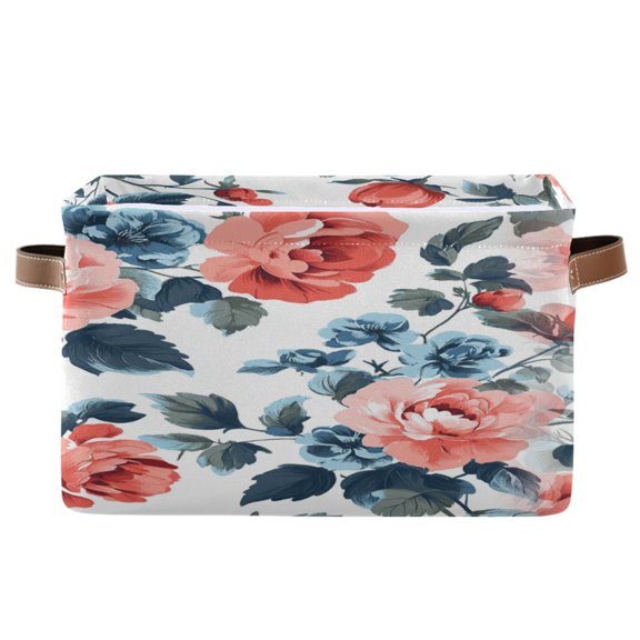 Large Pink Roses Foldable Storage Basket,Canvas Fabric Foldable Storage Bins with Handles Open Home Storage Bins Boxes for Toy Book Shelf Closet Baskets