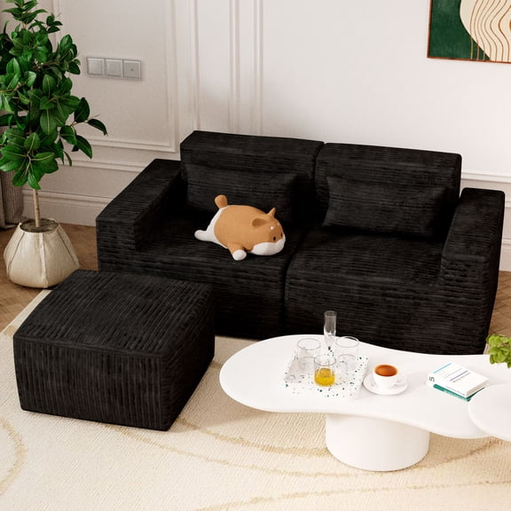 Comfy Deep Seat Modular Sectional Sofa, Movable Upholstered Couch for Living Room Apartment (2Seat 1 Ottoman, Black)