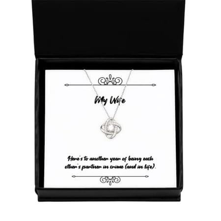 amangny Unique Wife Gifts, Here's to Another Year of Being Each Other's Partner in Crime, Holiday Love Knot Silver Necklace for Wife