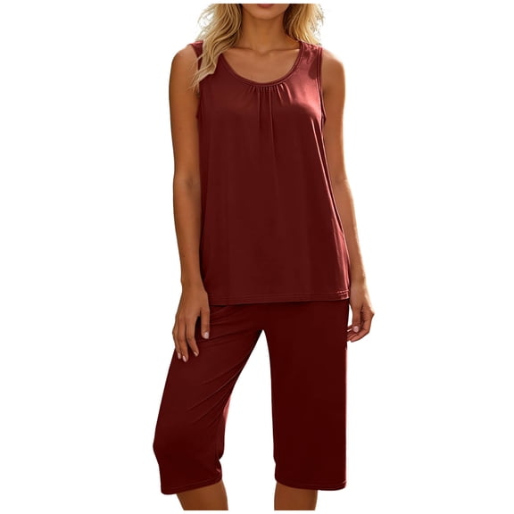 BUIGTTKLOP Womens Summer 2 Piece Pajama Sets Sleeveless Tops with Capri Pants Lounge Ladies Pjs Sets with Pockets