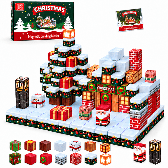 Magnetic Blocks-150PCS Magnetic Building Blocks, Christmas Cottage Building Set, STEM Montessori Sensory Toys for Kids
