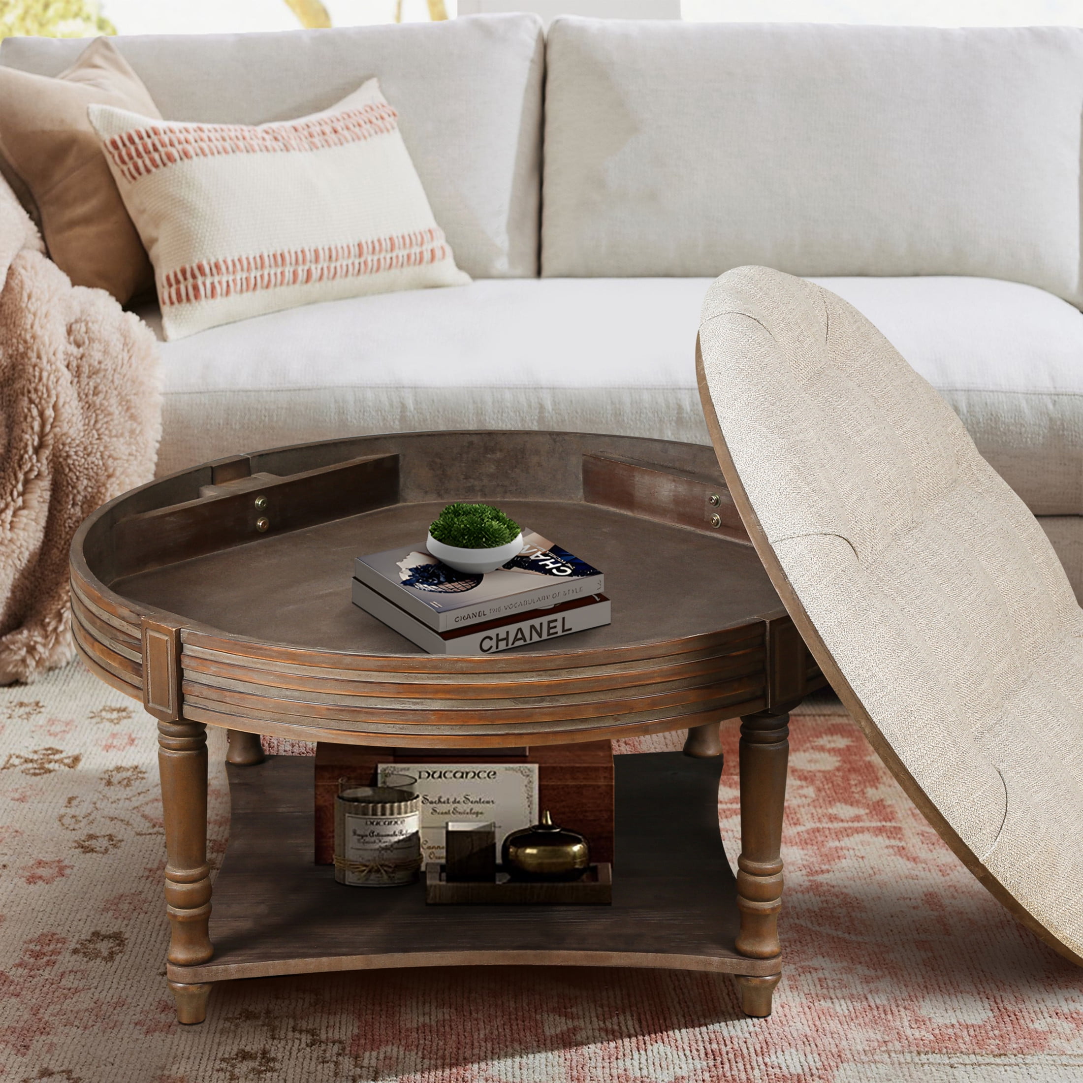 Noble House Large Round Tufted Ottoman Coffee Table with Wooden Storage Shelf, Waterproof Farmhouse Upholstered Footstool,Beige+White