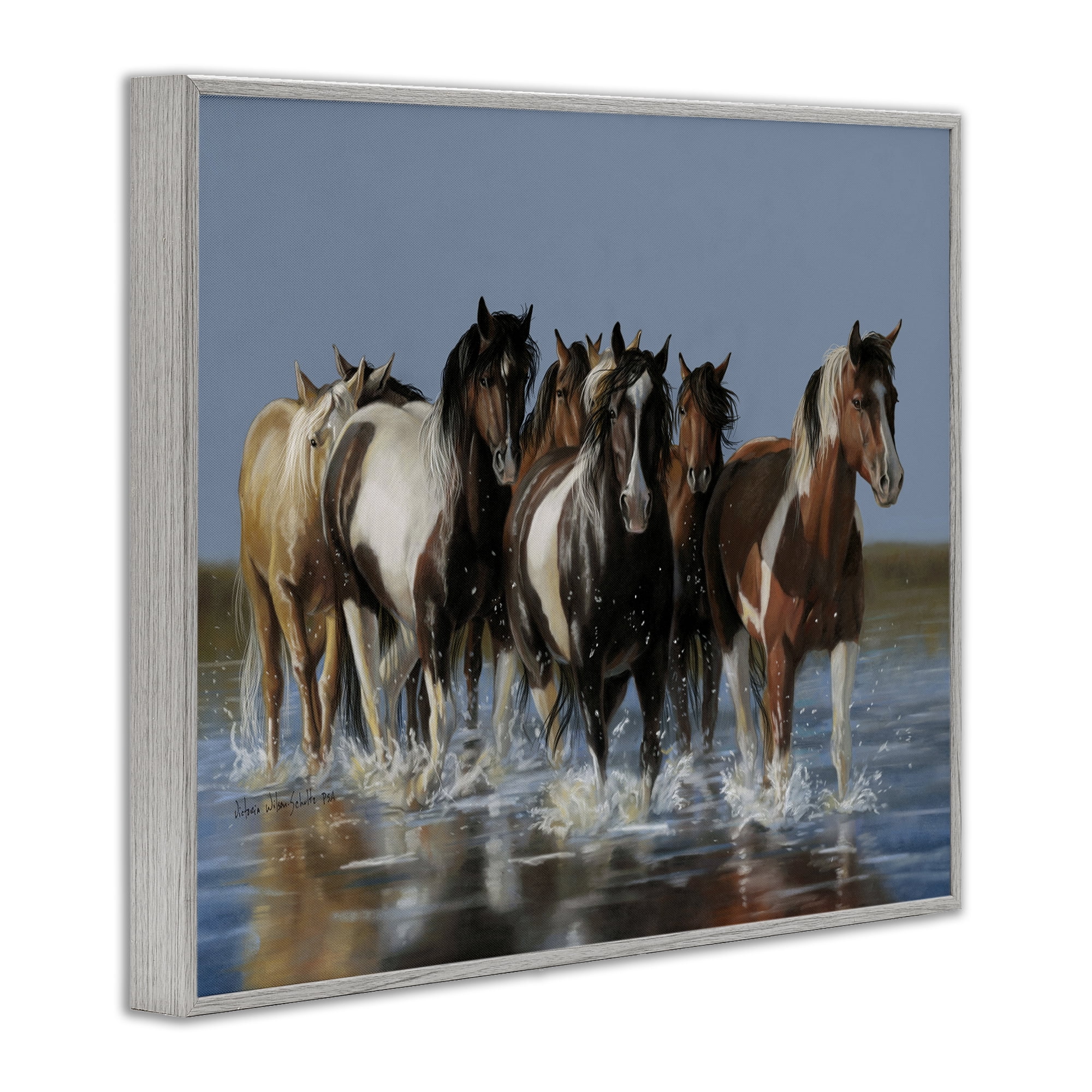 Stupell Industries Horses Running Through River Animals & Insects Painting Gray Framed Art Print Wall Art, 14 x 11