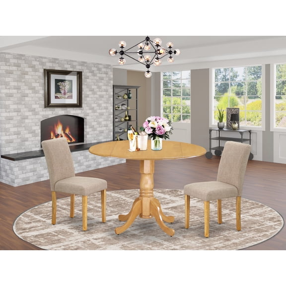 DLAB3-OAK-04 3Pc Round 42" Dining Room Table With Two 9-Inch Drop Leaves And 2 Parson Chair With Oak Leg And Linen Fabric Light Fawn