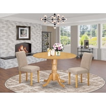 DLAB3-OAK-04 3Pc Round 42" Dining Room Table With Two 9-Inch Drop Leaves And 2 Parson Chair With Oak Leg And Linen Fabric Light Fawn