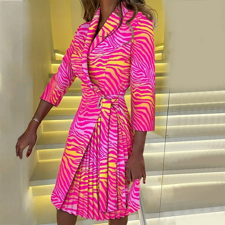 

Aueoeo Sweater Dress for Women Cocktail Dresses for Weddings Fashion Women Business Wear Lapel Printing Long Sleeve Lacing Slim Fit Dress