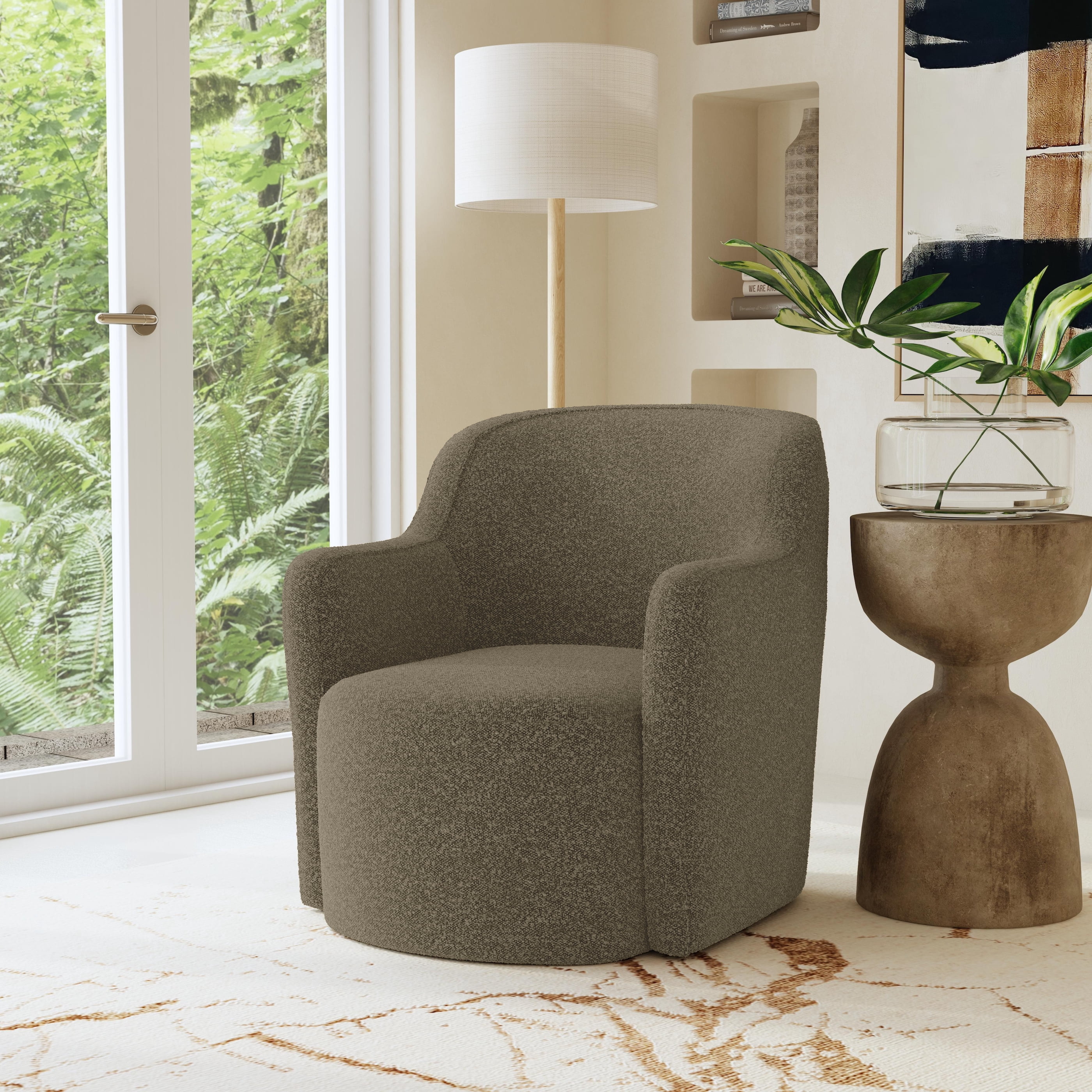 HomePop Upholstered Swivel Accent Chair, Dark Brown Boucle