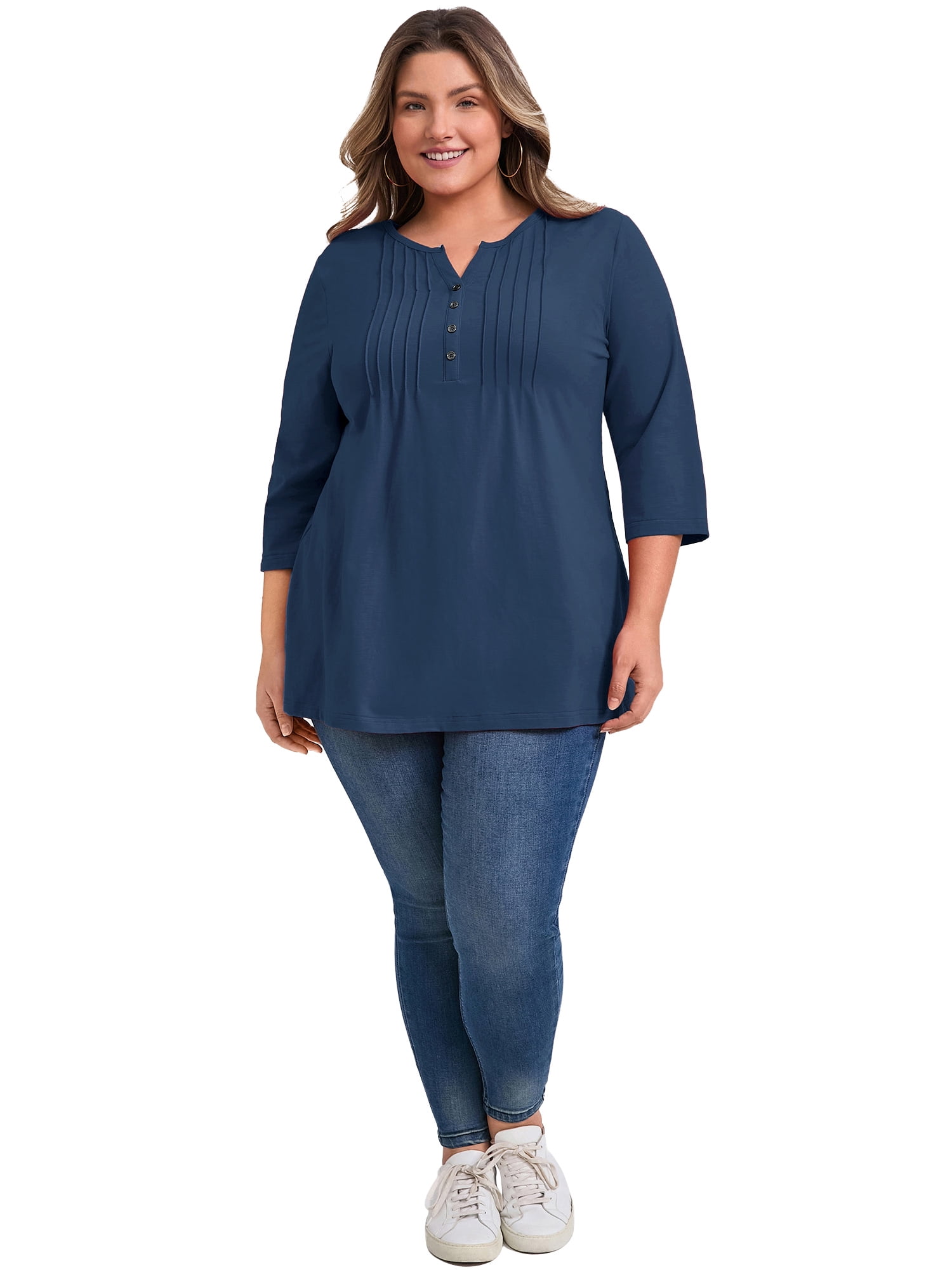 Women's Plus Notched Neck 3/4 Sleeve Front Pleated Button Decor Blouses Dressy Casual 1X Navy Blue