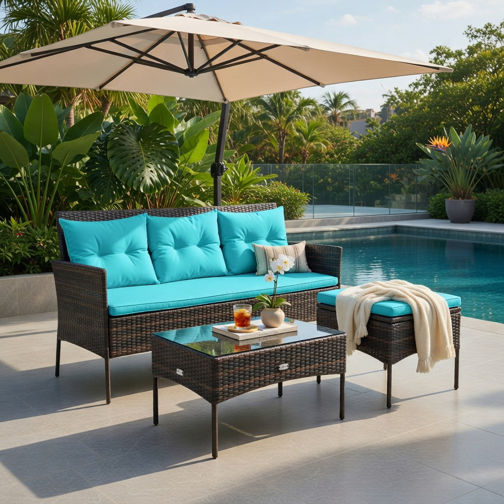Hommoo 3-Piece Outdoor Patio Sectional Set, Woven Rattan Sofa, Ottoman & Glass Coffee Table with 5 Removable Cushions, Turquoise
