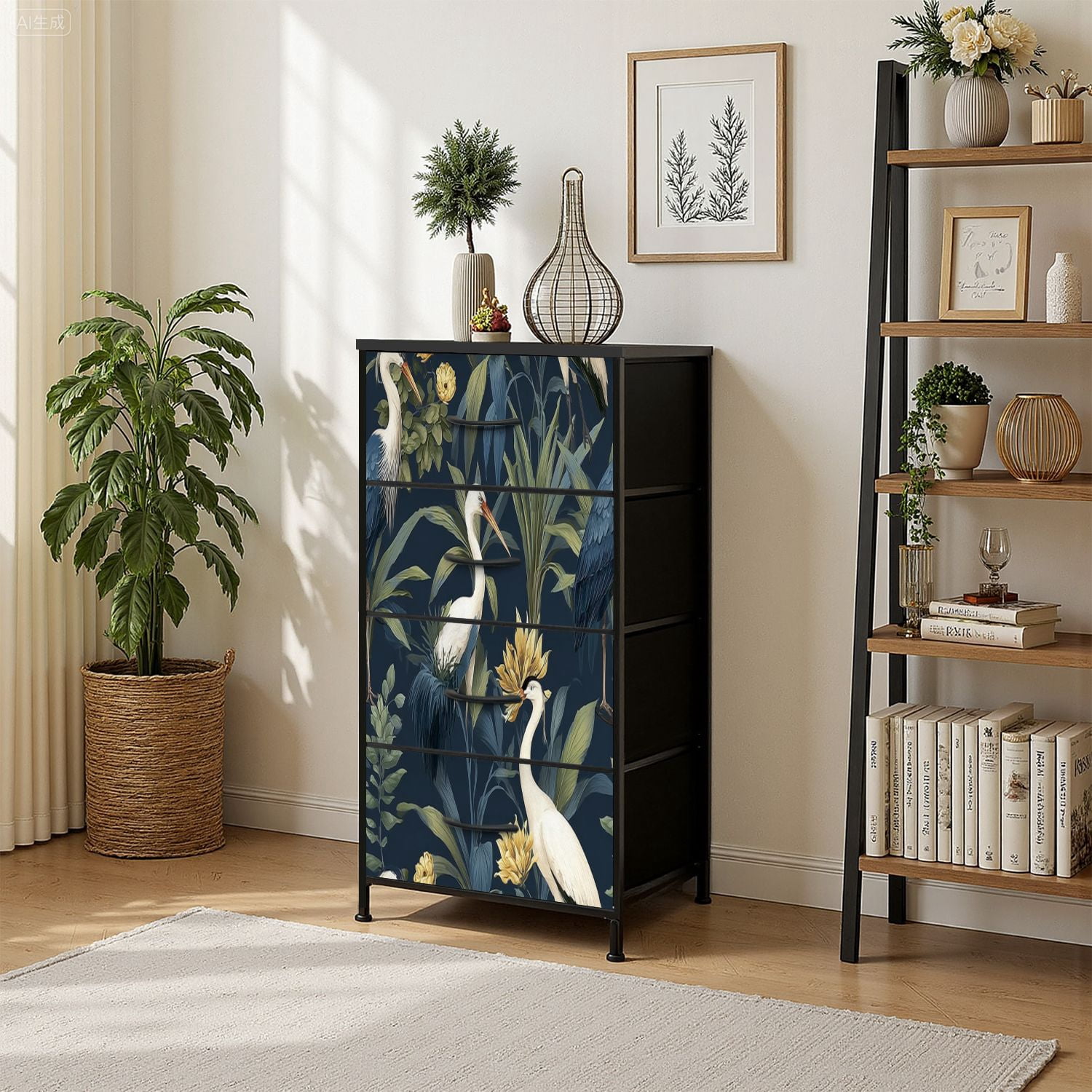 Vintage Dresser for Bedroom with 4 Storage Drawers Elegant Cranes Among Tropical Leaves Yellow Flowers Dark Dressers Chest of Drawers Steel Framed Fabric Closet Organizers for Nursery Entryway