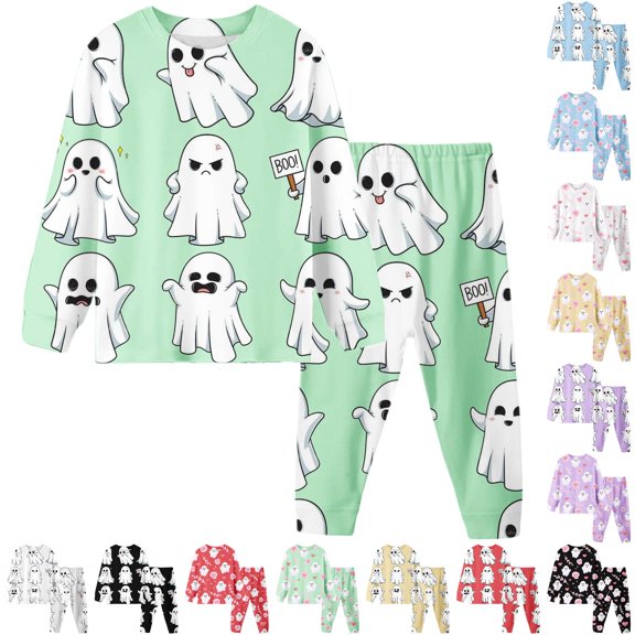 CUZIBR Girls Halloween Pajamas Sets Outfits Full Print Ghost Spider Pumpkin Witch Hat Long Sleeve Crew Neck Top Elastic Waist Trousers 2 Pieces Sleepwear Loungewear,Light Green-B,7Y