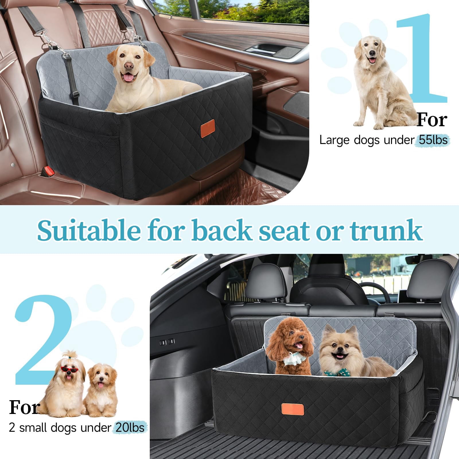 Dog Car Seat for Medium and Large Dogs up to 55 lbs – Washable Pet Car Bed with Safety Leashes, Booster Dog Seat for Car Backseat for 2 Small Dogs or One Large Pet – Dog Bed for Car Travel